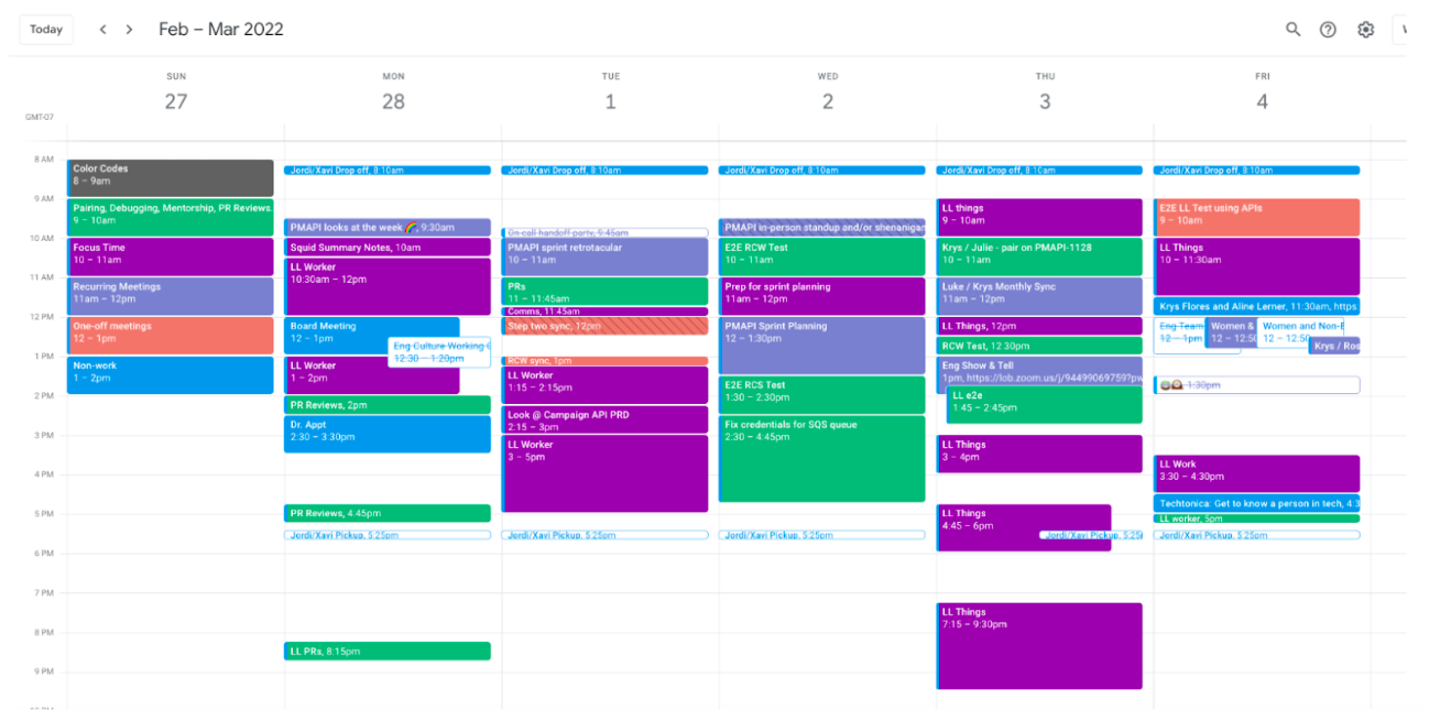 A screengrab of the author's busy calendar on their first official week as a staff engineer